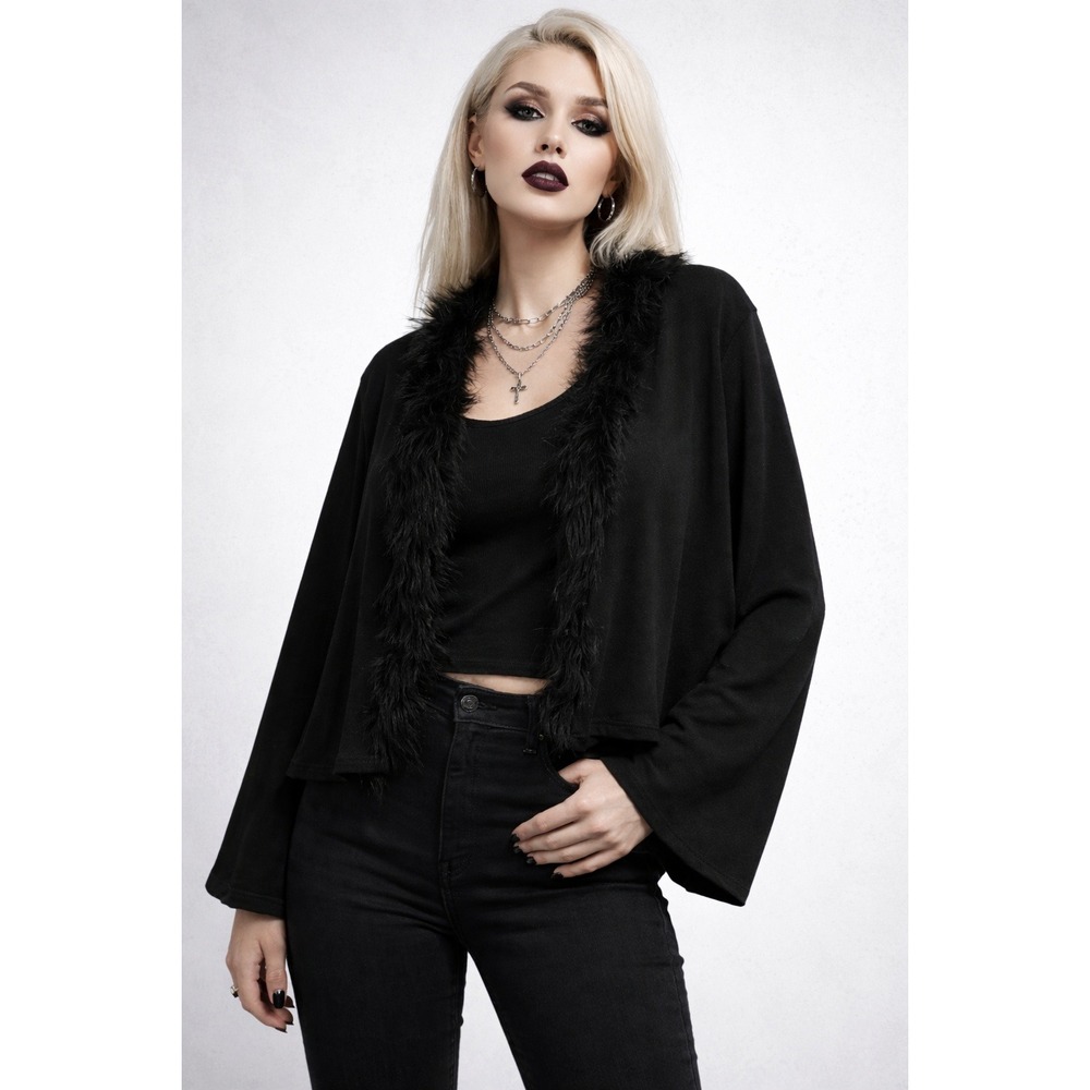 Soft Goth Faux Fur Trim Open Cardigan Women XL Black Cropped Cozy Luxe